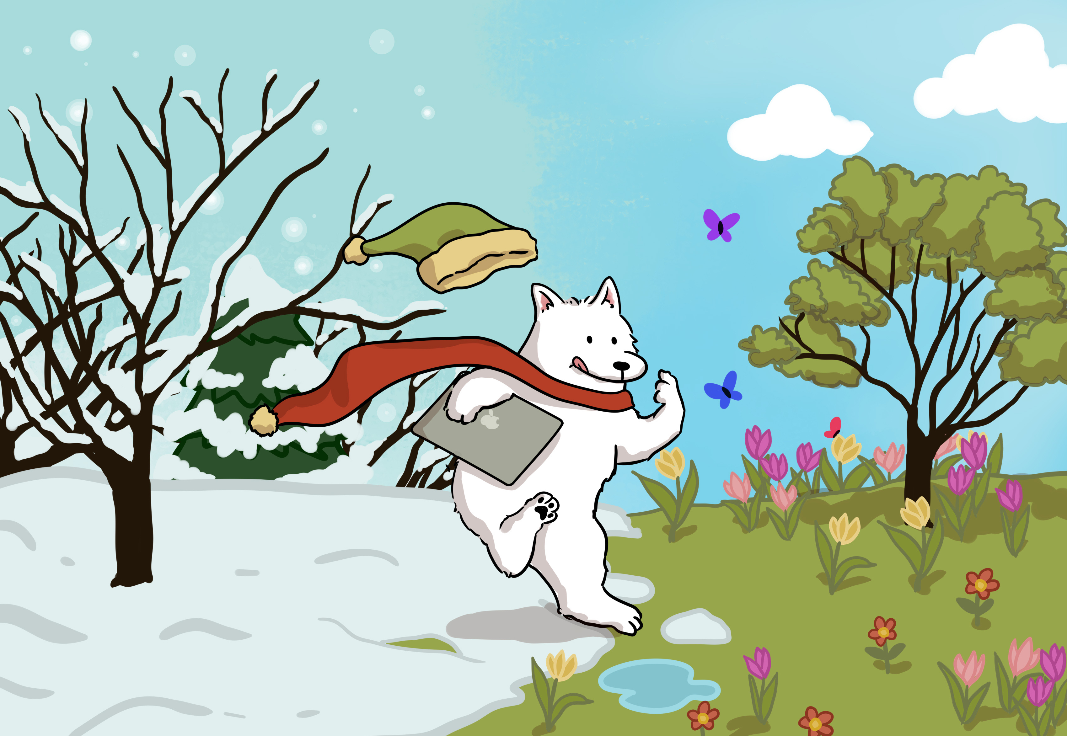 White cartoon dog running with a laptop tucked under his paw from a winter landscape with bare trees and snow into a spring landscape with greenery, flowers, and butterflies.