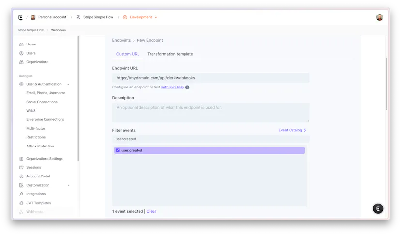 The Webhooks section of the Clerk dashboard.