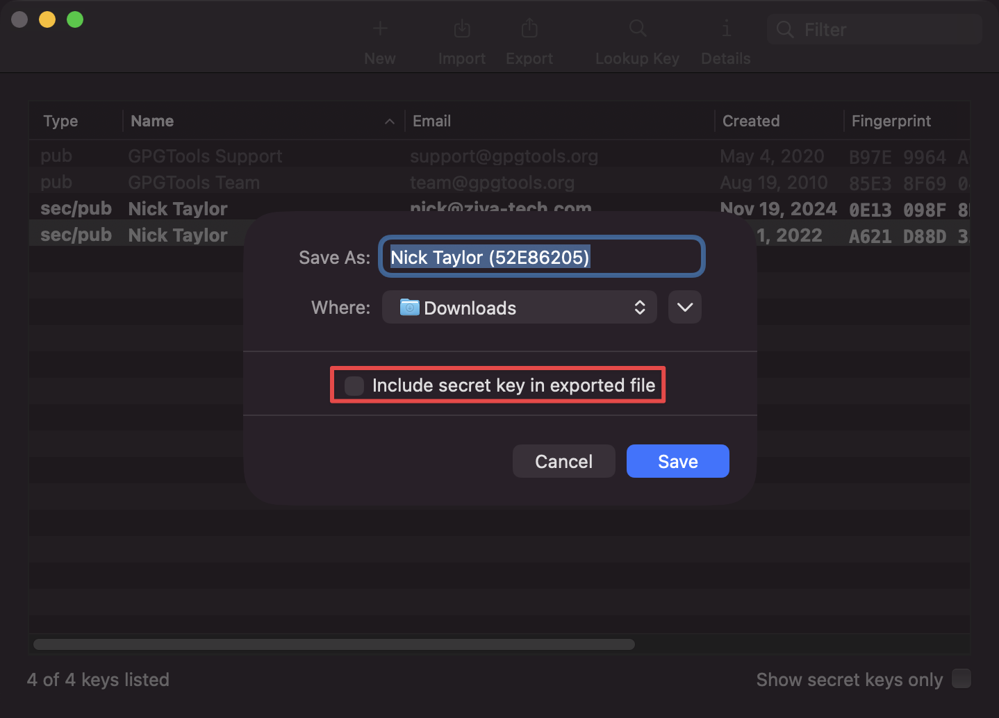 匯出密鑰對話框