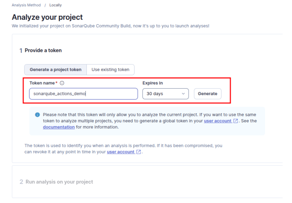 Local SonarQube create project token generation step 3