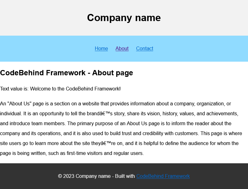 CodeBehind framework about page
