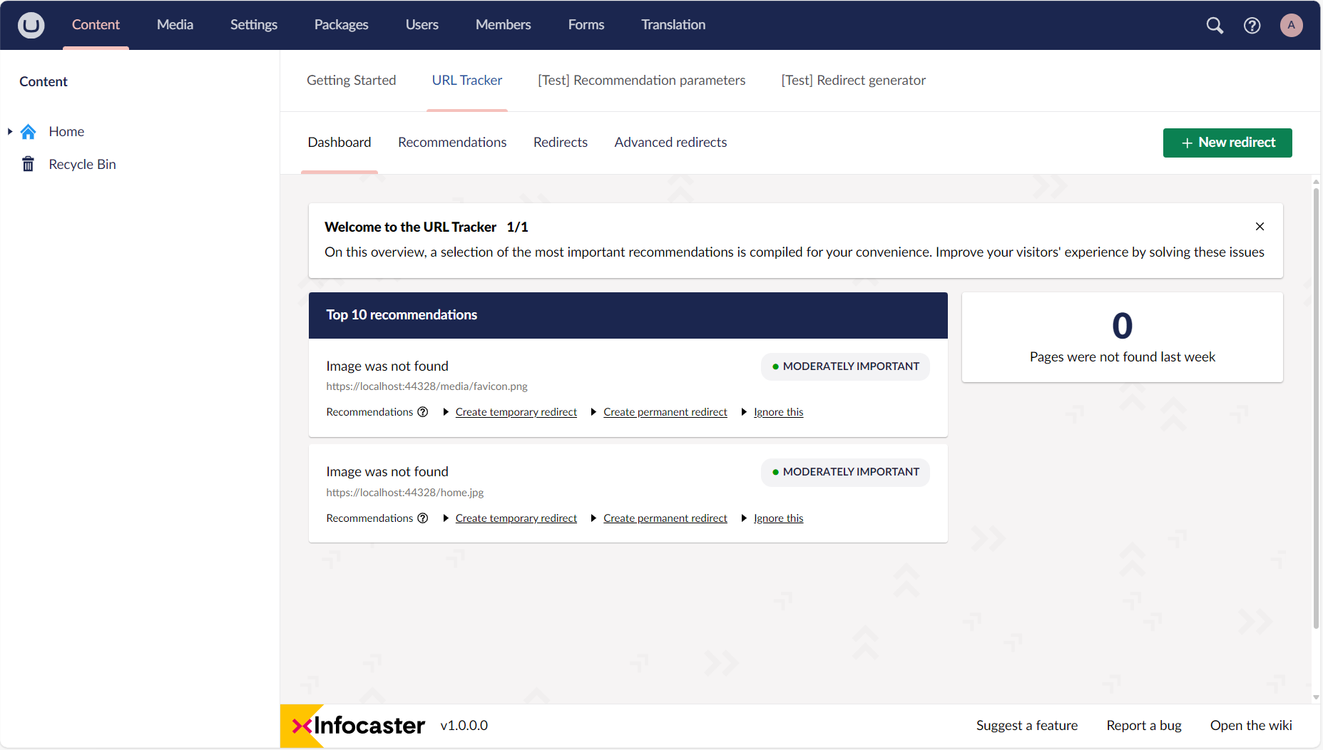 Screenshot of the landing page of the URL Tracker