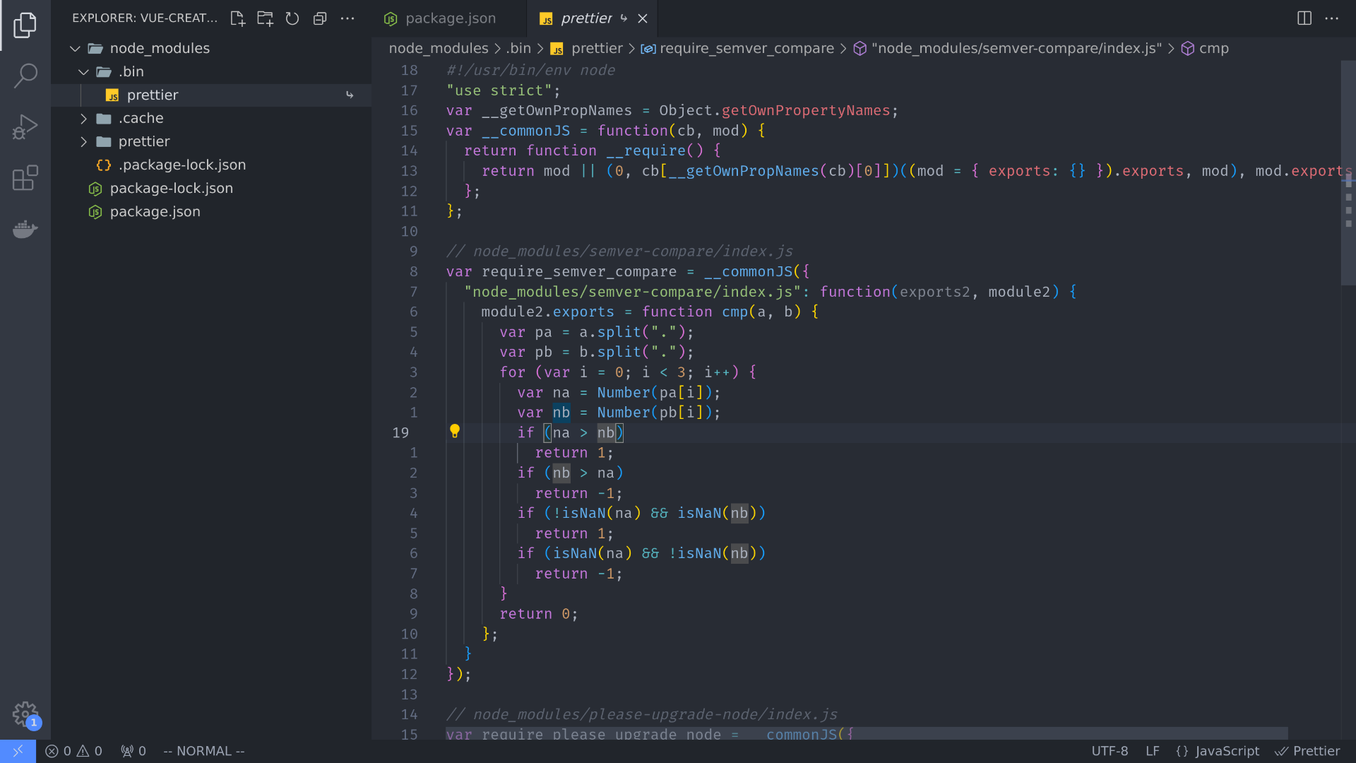 A screenshot showing the file '.bin/prettier' opened, displaying the executable code inside