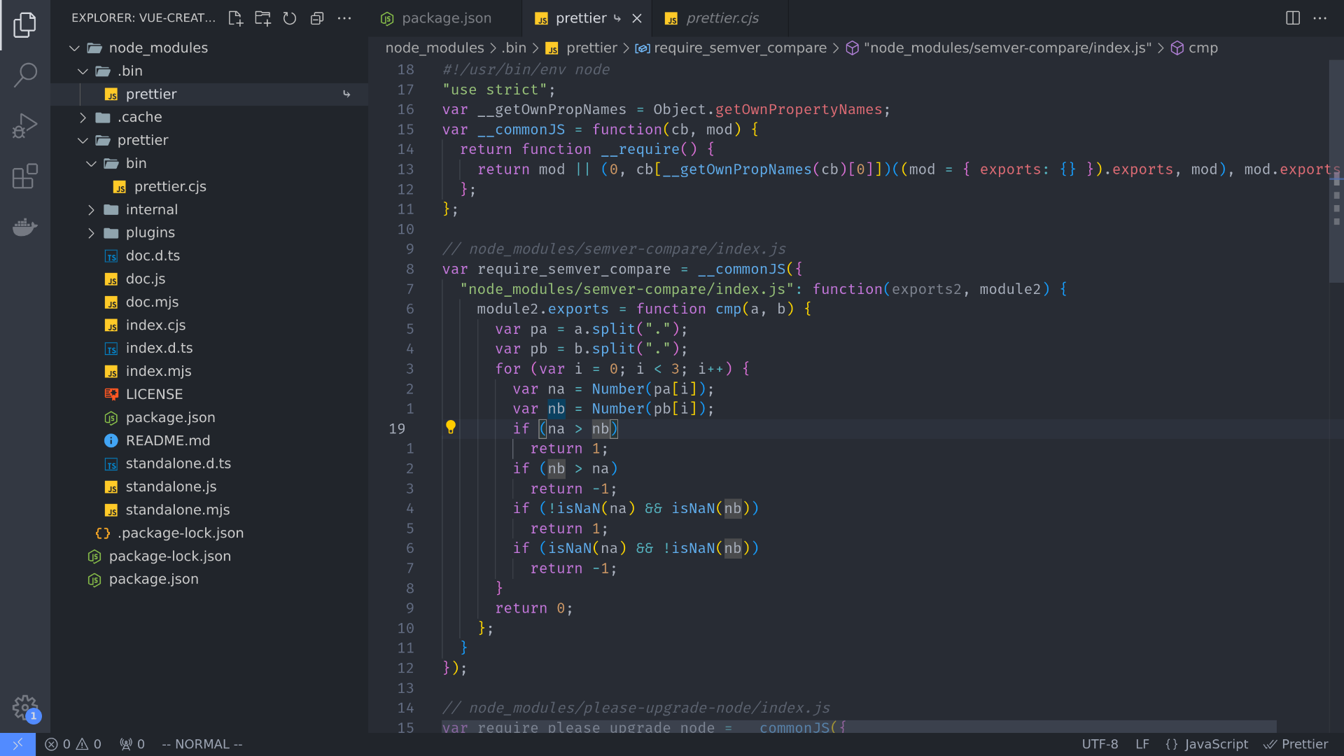 A screenshot depicting the path './bin/prettier' within the root of 'node_modules' directory, showcasing the file structure and content of the symbolic link