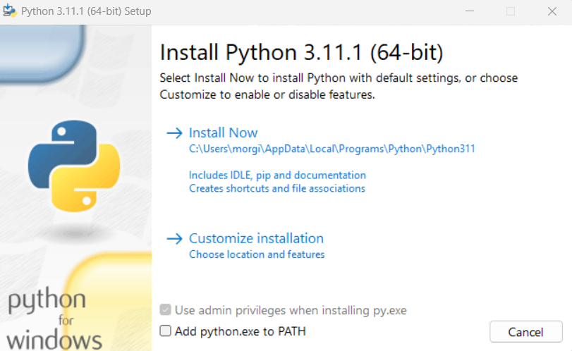 Print da primeira tela de instalação do Python no Windows.