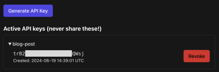 A screenshot of the dropdown expanded, revealing a partially redacted API key
