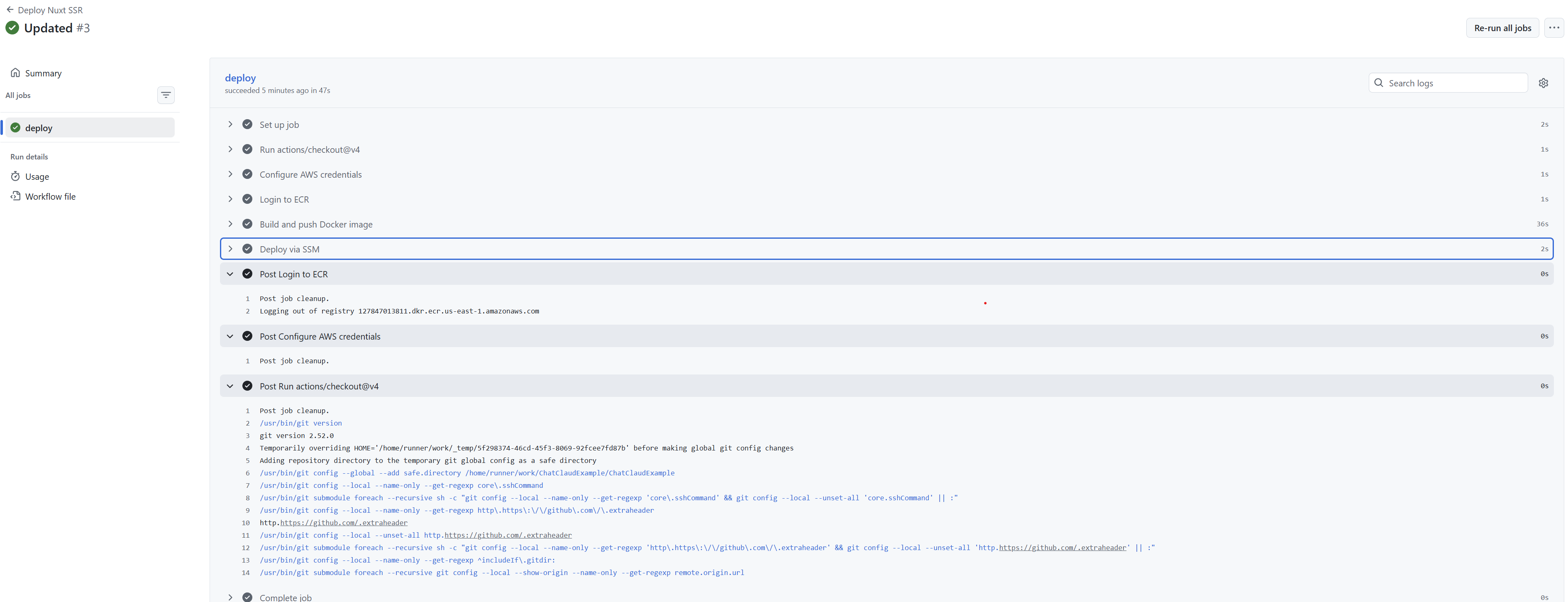 GitHub Actions tab showing a successful deployment workflow run