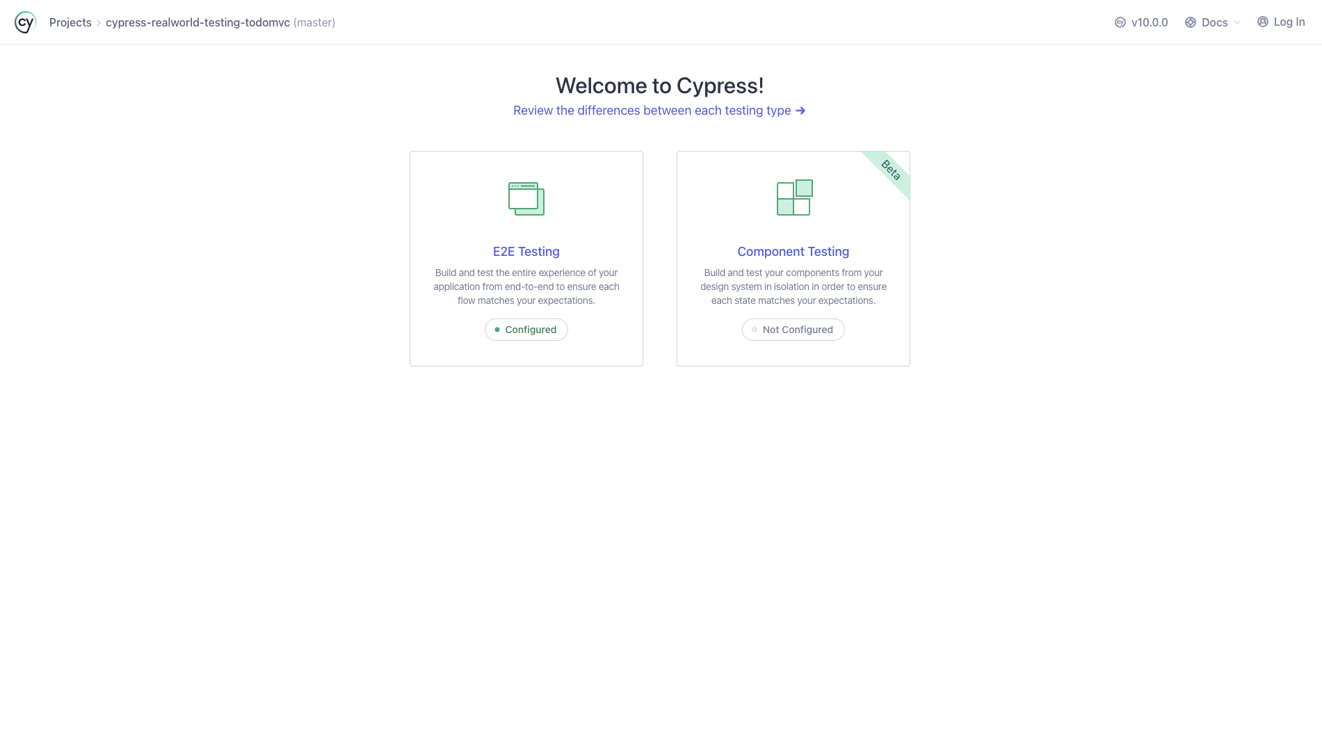 Testing Type Landing Page in Cypress 10.0