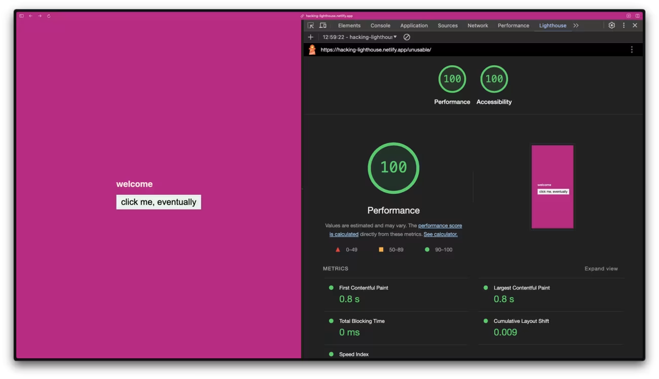 Lighthouse showing perfect performance and accessibility scores for a useless, inaccessible page.