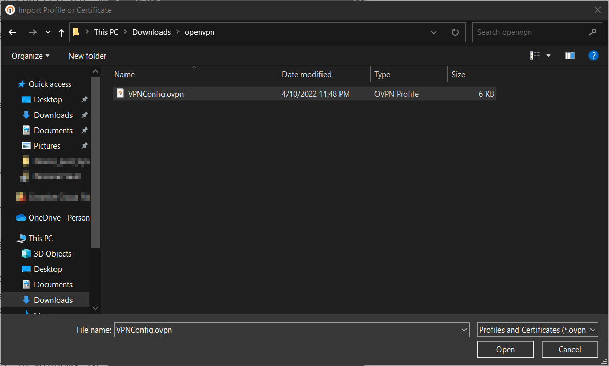 Select the .ovpn configuration file