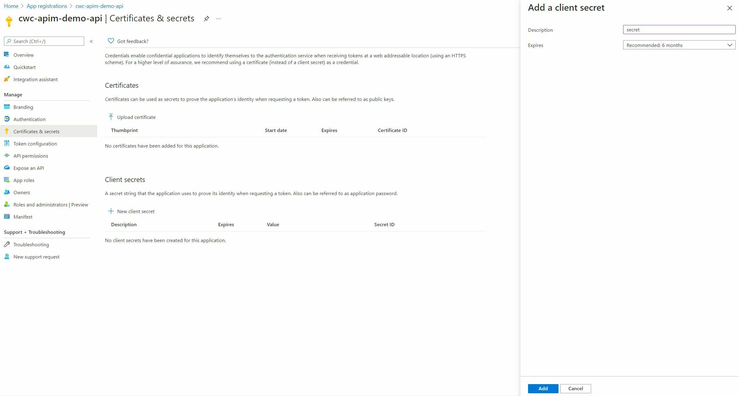 Screenshot showing the Certificates & Secrets Page of the AAD Application Registration that was just created