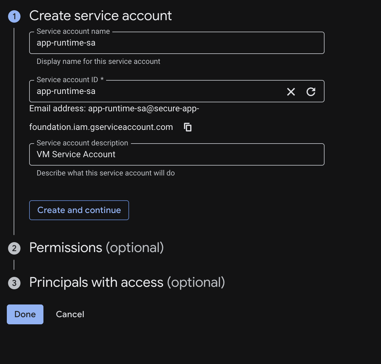 Service account creation screen