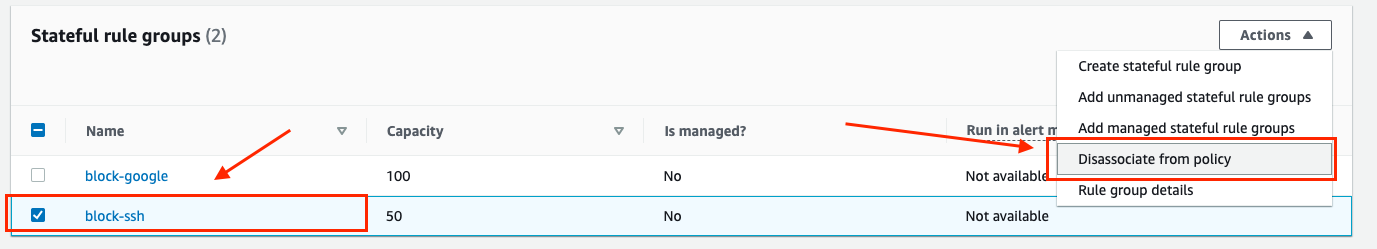 Disassociate the `block-ssh` from the rule group