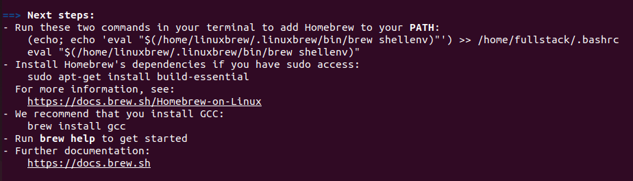 A screenshot of Ubuntu Terminal showing Homebrew’s Next Steps