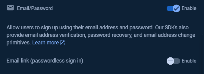 Enable Email/Password authentication
