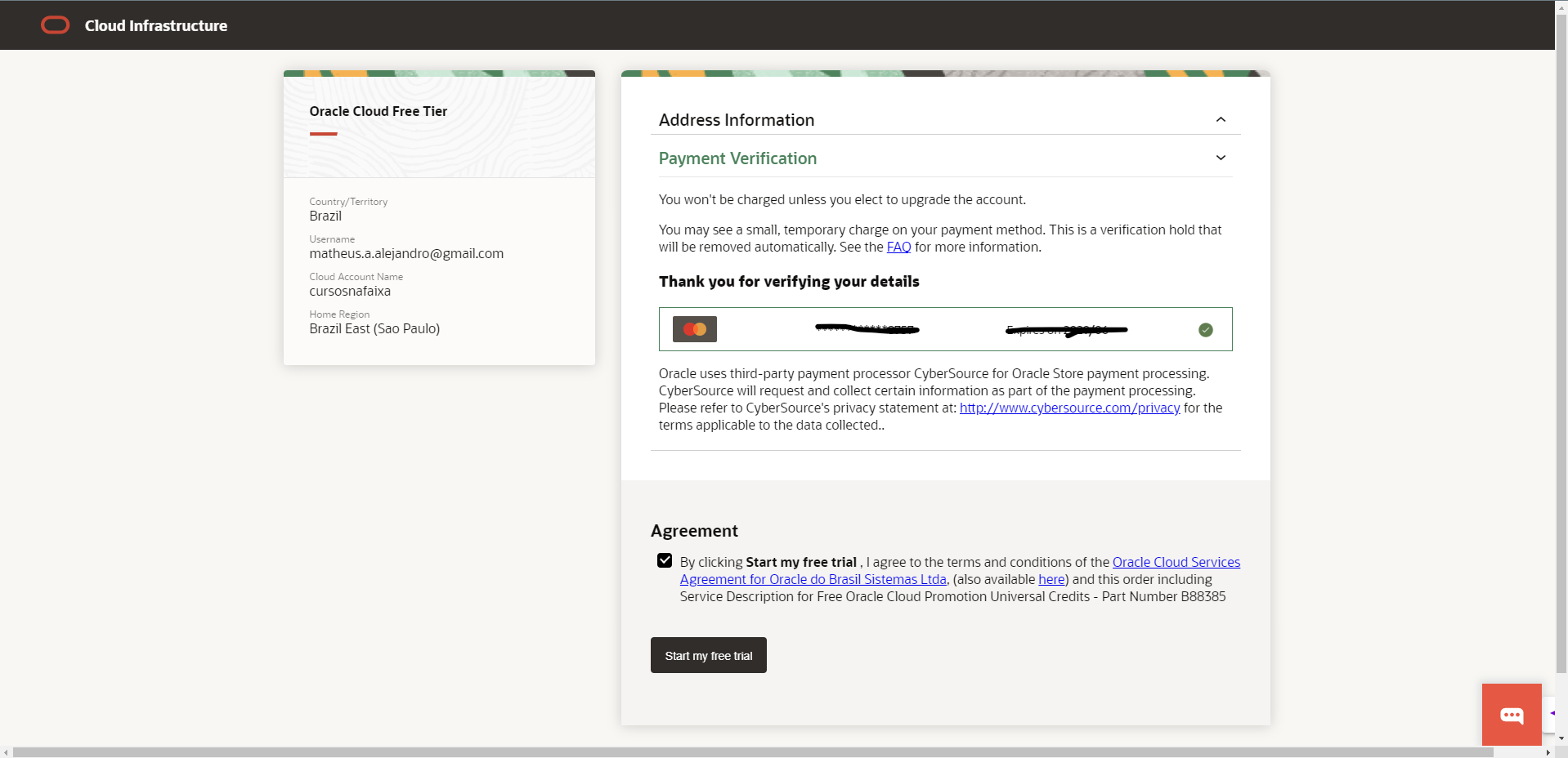 Tela de dados de pagamento