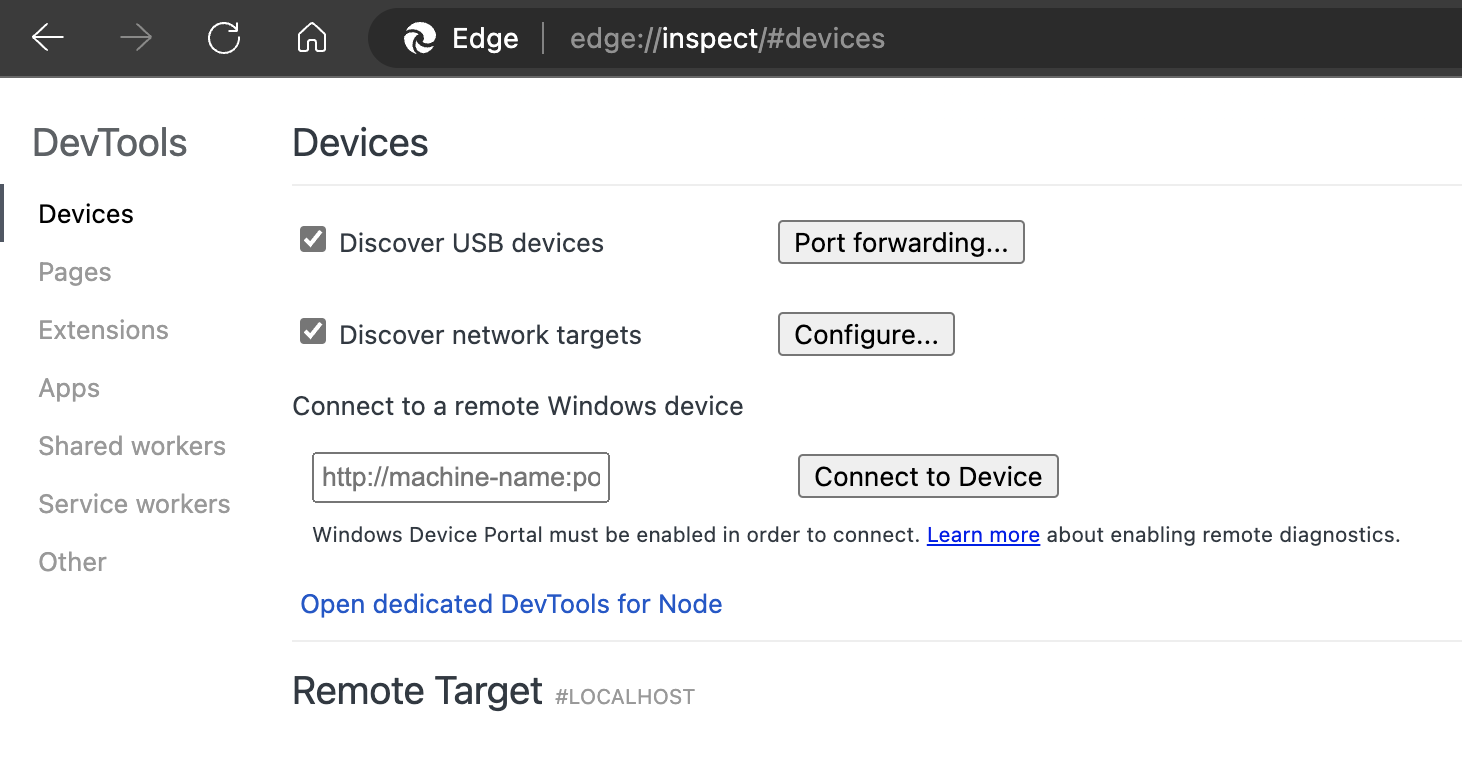 The node devtools links in the inspect page