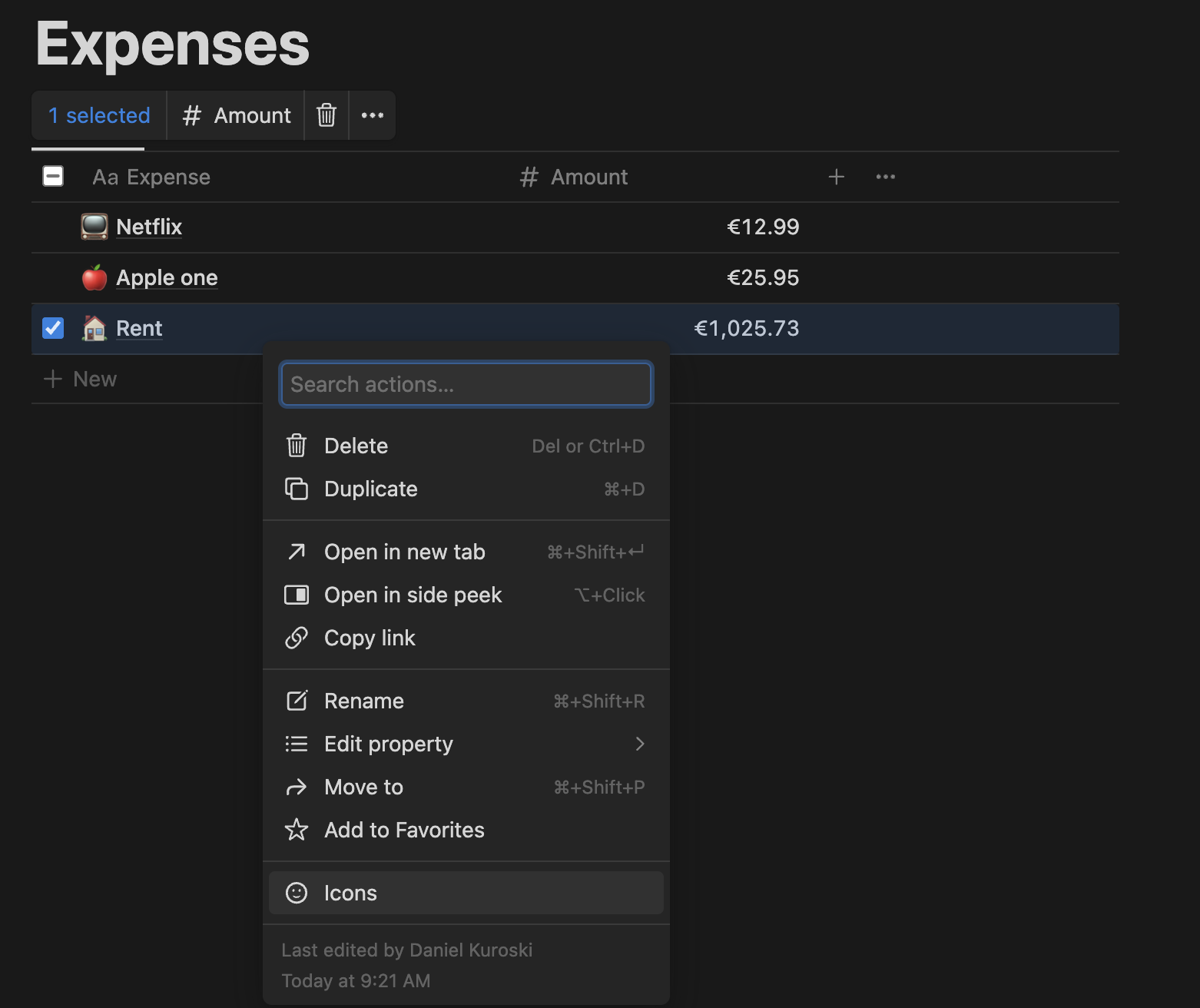 Notion, adding icon through context menu