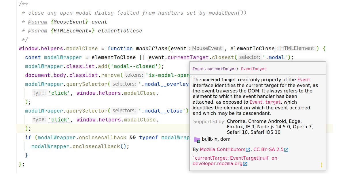 Screenshot of annotated code with method hints in PhpStorm IDE