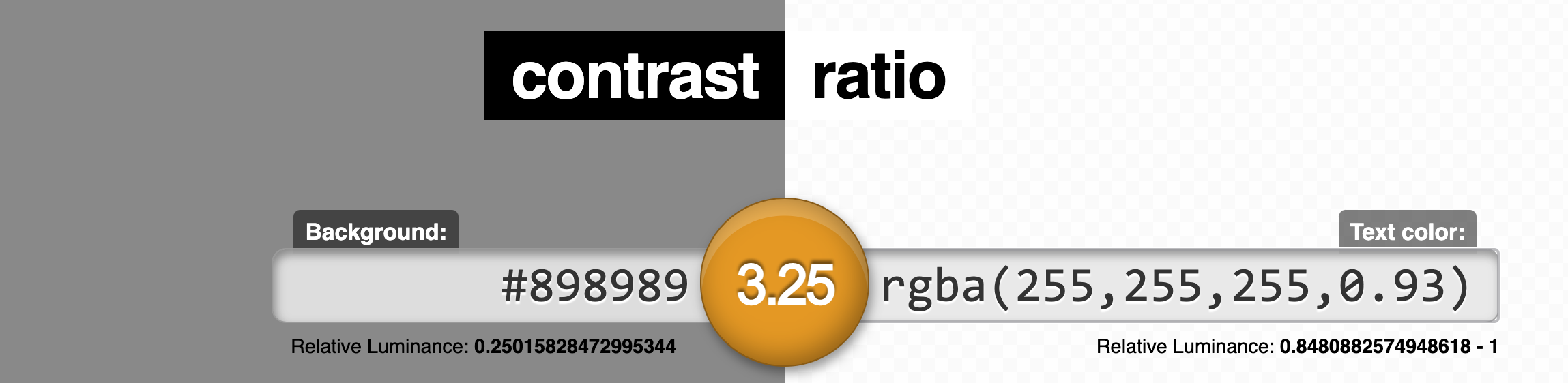 Contrast-ratio.com user interface, showing the contrast ratio of #898989 to rgba(255,255,255,0.93)