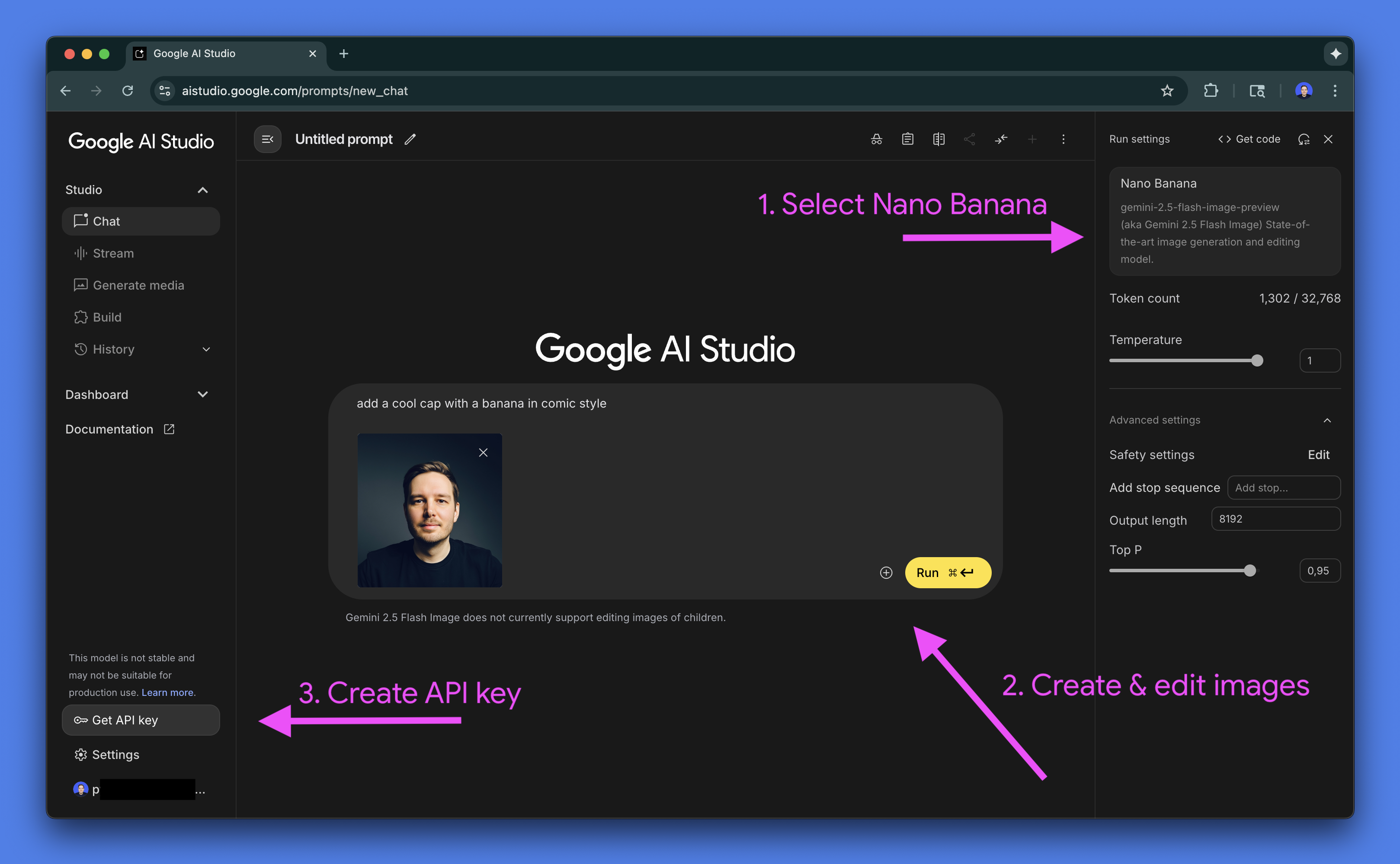 Google AI Studio 介面圖片顯示了已選定 Nano Banana 的模型選擇