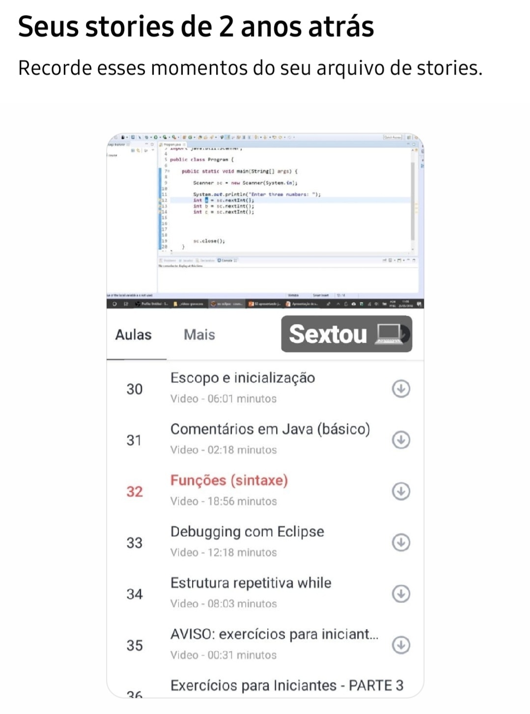 Print de parte de lembranças do facebook mostrando um story de 2019 com o print de uma playlist de curso de Java