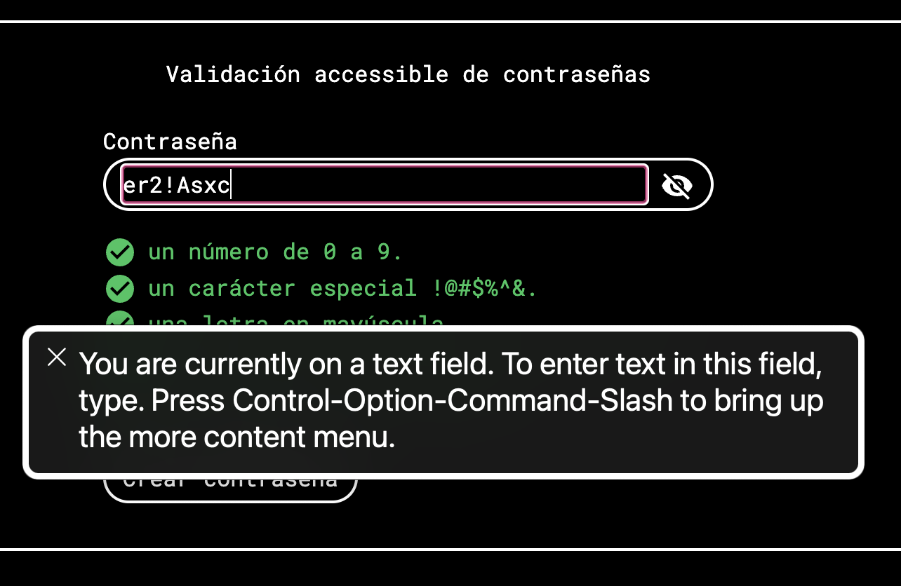 Captura de pantalla del anuncio de voiceover donde se lee "estas en este momento en un campo de texto. Para introducir texto en este campo, tipeá. Presioná Control-Option-Command-Slash para traer más información"