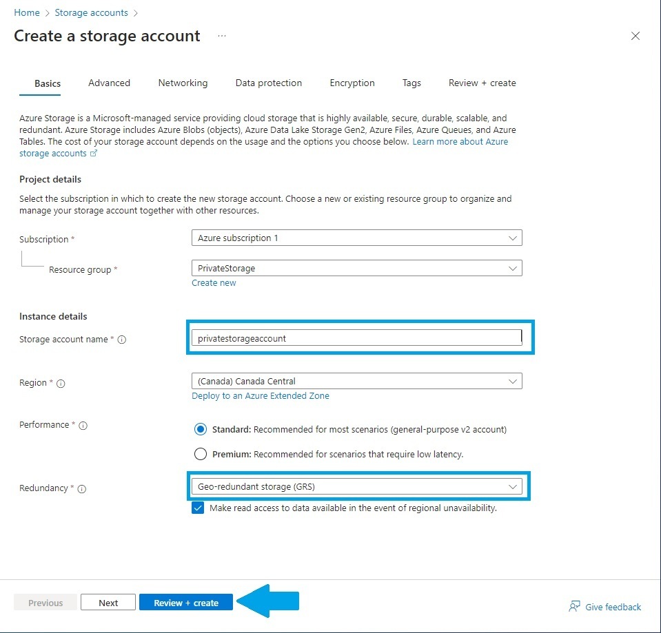 Creating the storage account