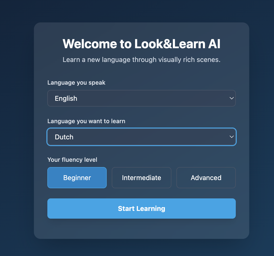 “Look & Learn” 開始介面截圖。在這裡，使用者可以選擇自己使用的語言、想要學習的語言以及自己的流暢度。底部有一個按鈕，可以讓他們開始測驗。
