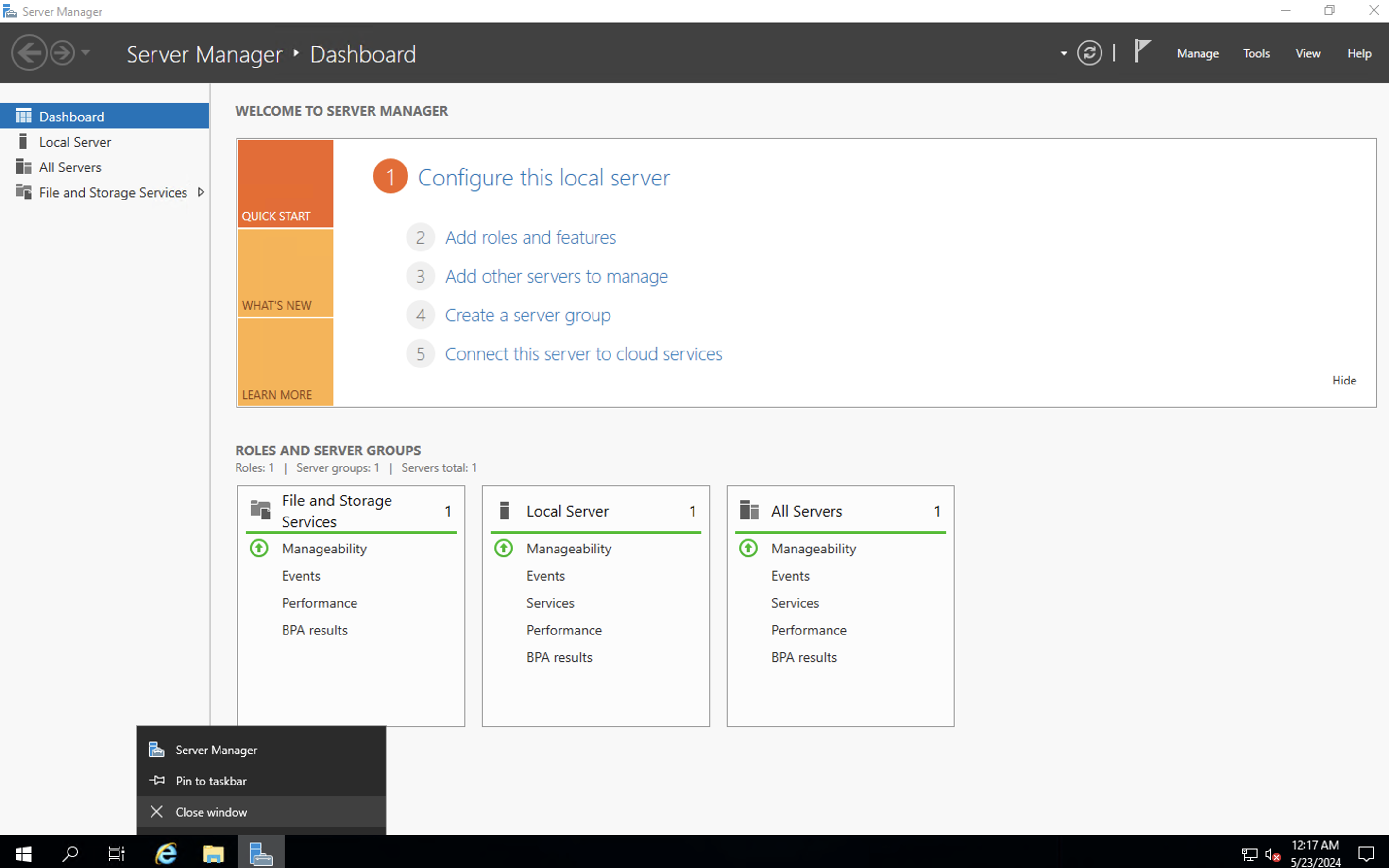 server manager setup page