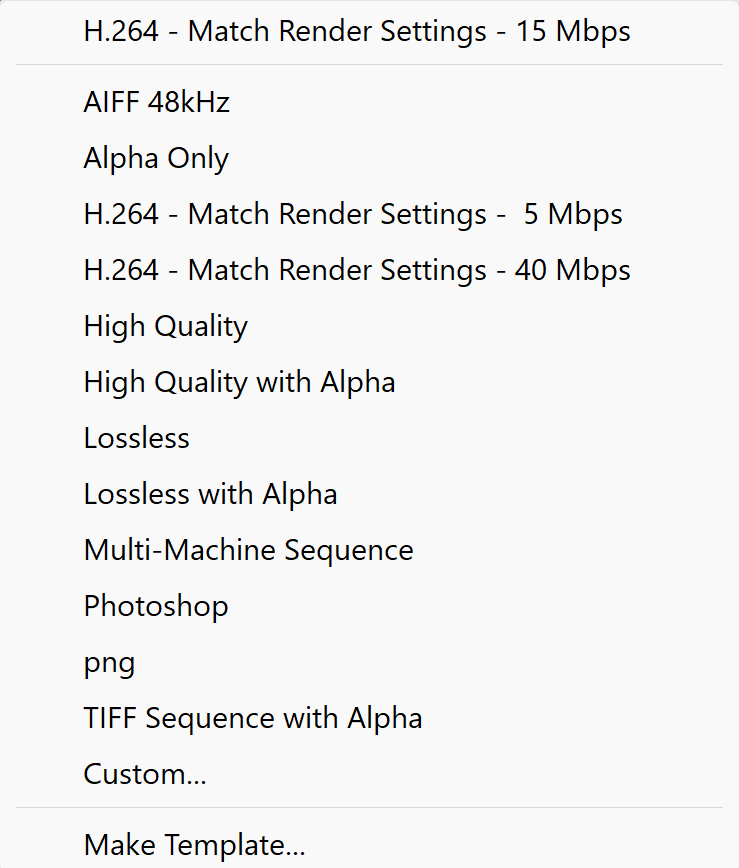 Screenshot of after effect's render presets.