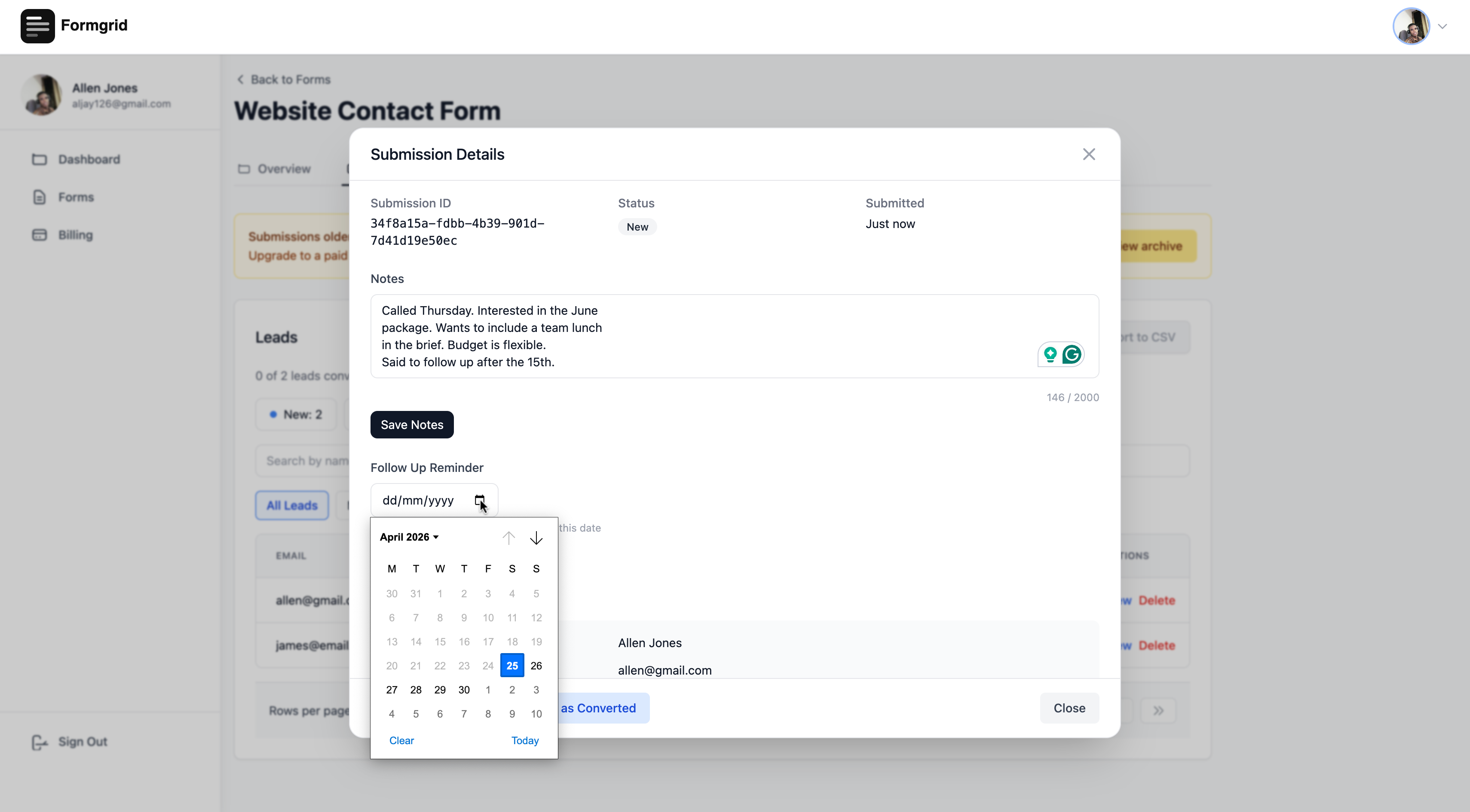 Follow up date picker on lead detail page