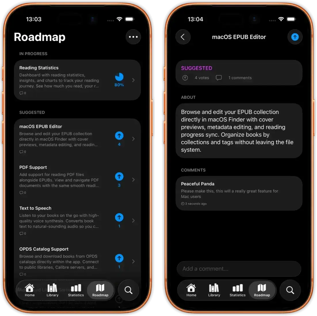 justRead.app roadmap with voting and commenting.