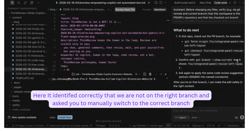 Wrong branch detected—switch to the PR branch manually, then continue