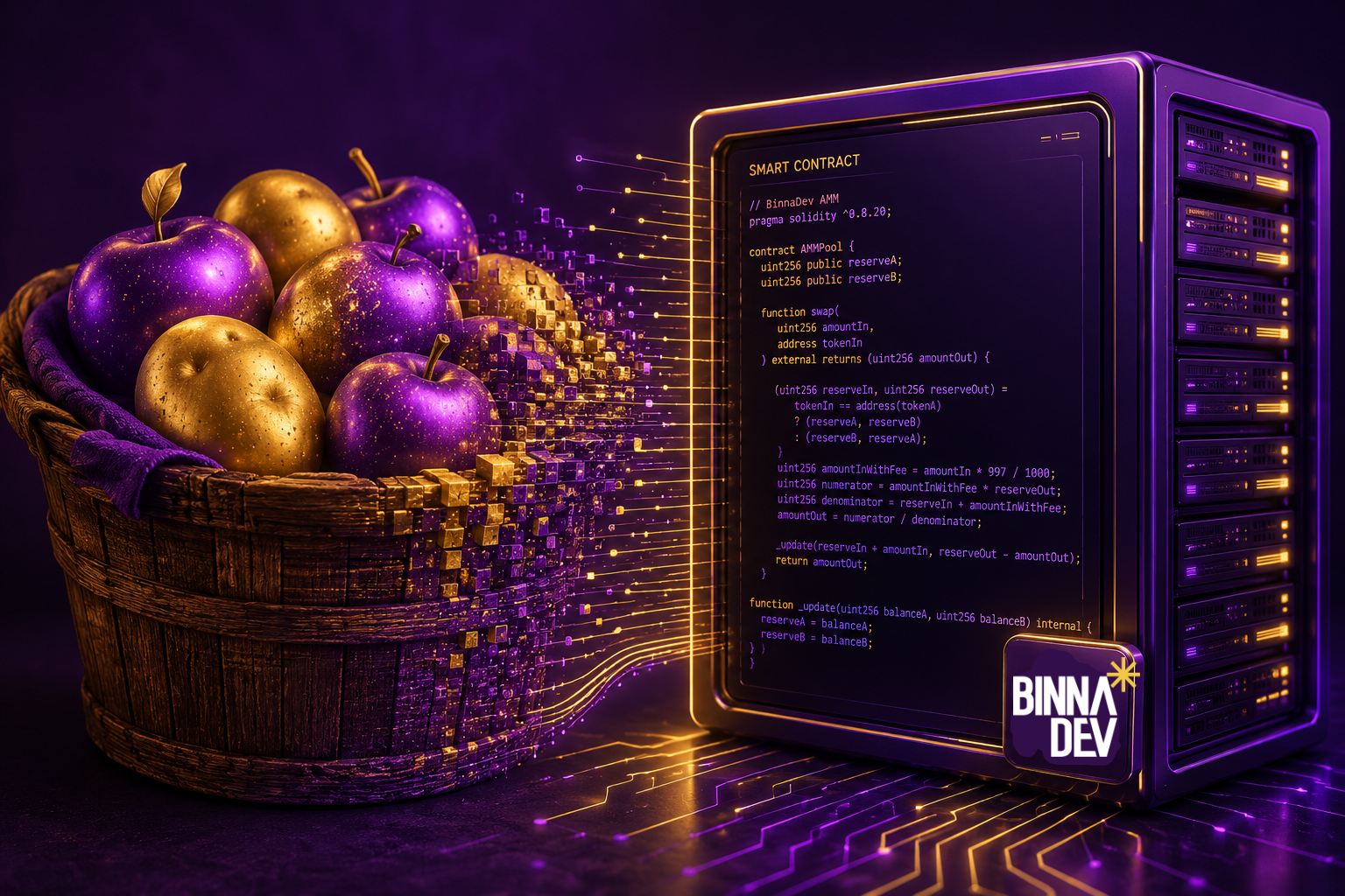 A high-quality, modern, 3D abstract illustration. On the left, a rustic wooden basket containing glowing, stylized 3D potatoes and apples. On the right, this seamlessly morphs into a glowing, futuristic computer server running clean smart contract code. The color palette must strictly feature Royal Purple (#6B3FA0) and Soft Gold (#D6AF36) to match the BinnaDev visual identity. The vibe is premium, technical, and reliable.