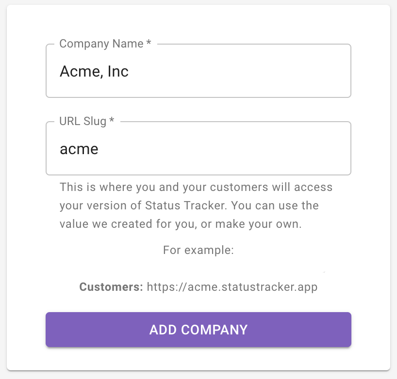 A form showing an input for Company Name and URL Slug.