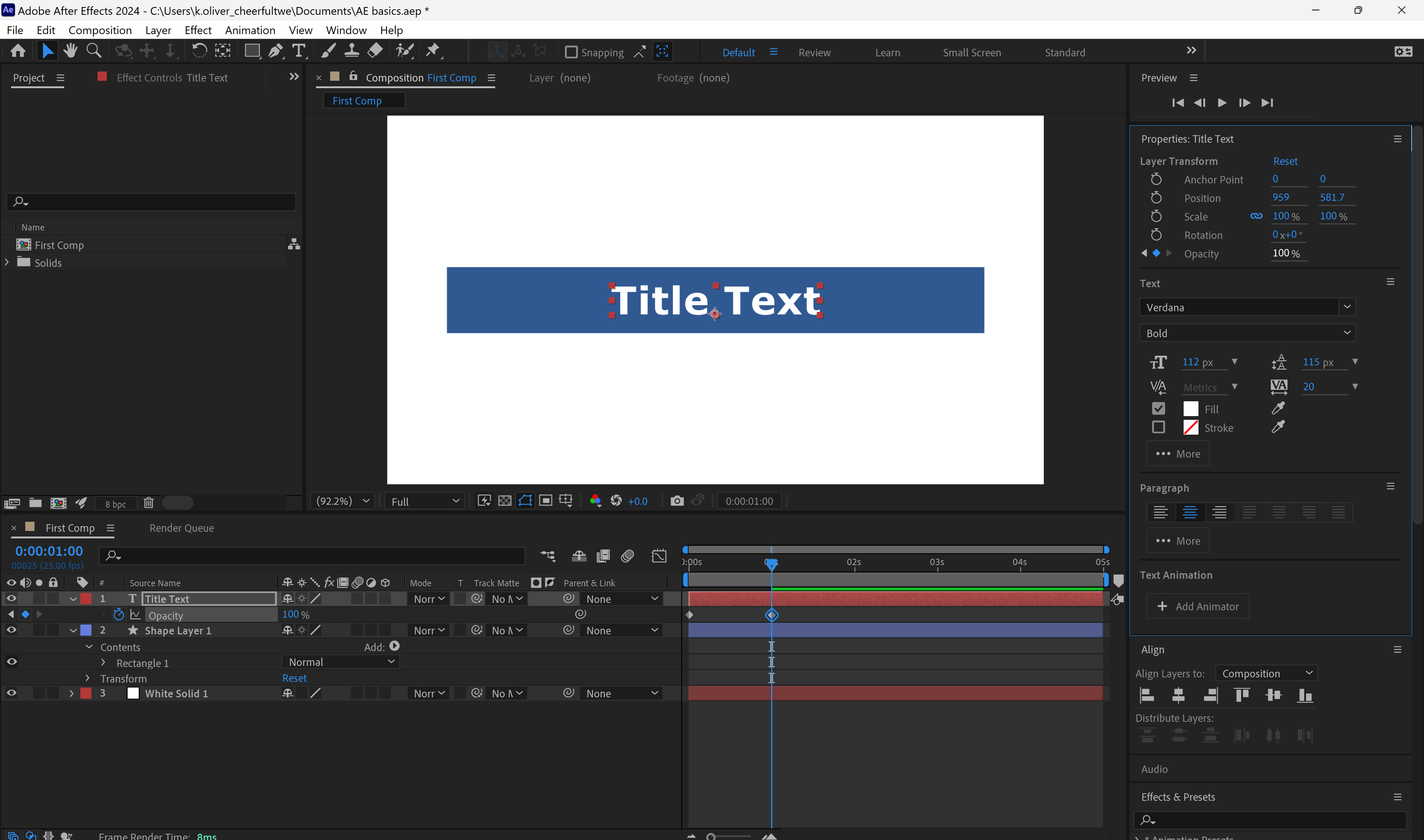 Screenshot of after effects. The cursor has moved to 1 second on the timeline. There are now 2 diamond keyframes in the timeline panel on the opacity parameter.