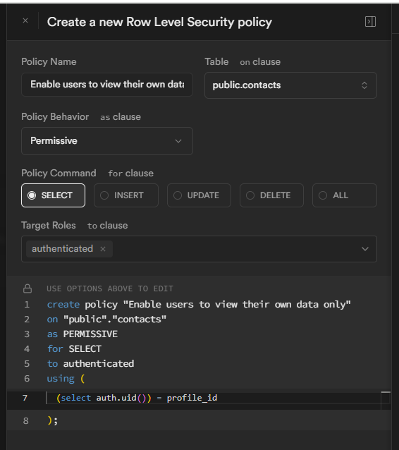 Select contact policy