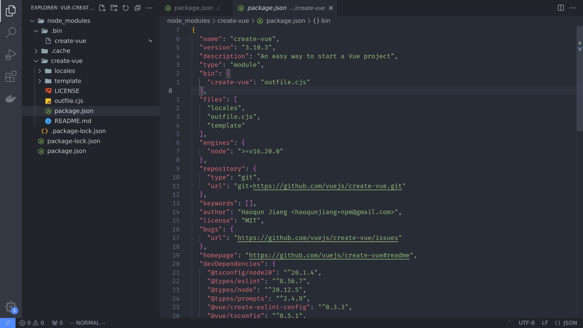 A screenshot showing the 'package.json' file located in the 'node_modules/create-vue' directory