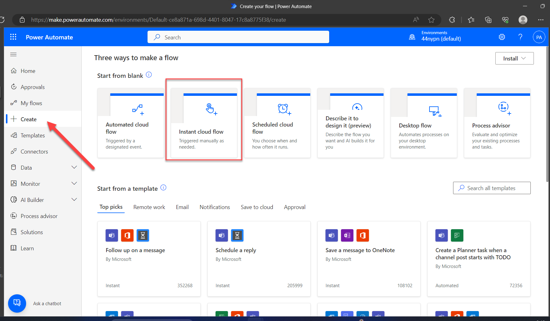 select which type of flow on the Create page in Power Automate