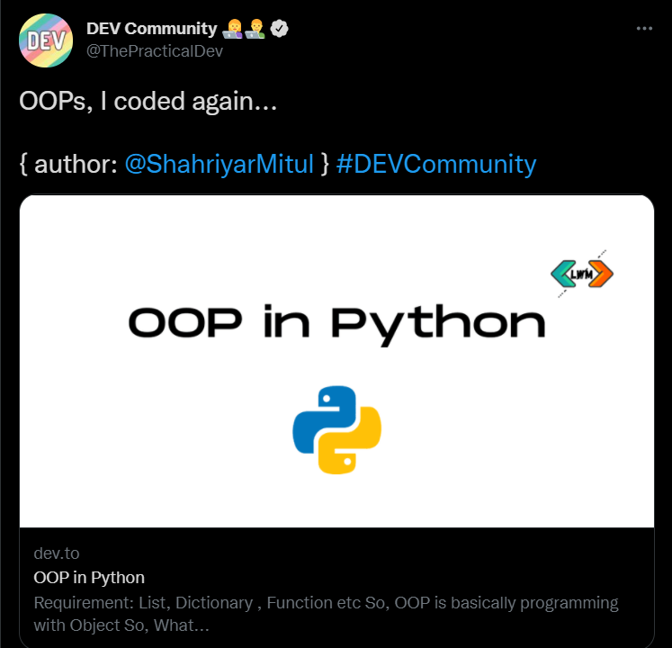 OOP post shared by Dev Community