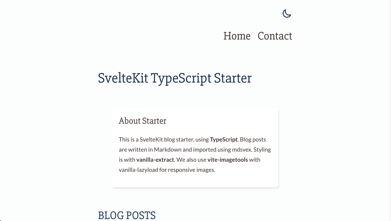 SvelteKit TypeScript vanilla-extract Starter: Screen shot of starter homepage in browser, shows Light / dark mode toggle and Home and Contact navigation links.