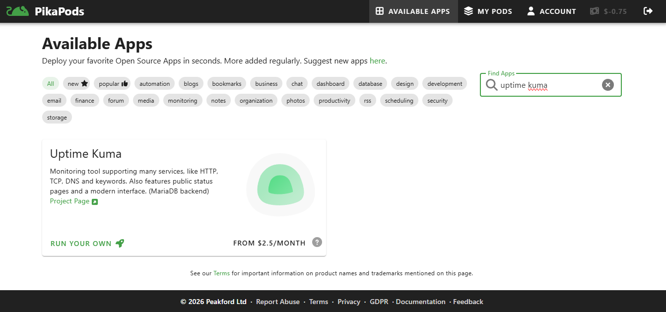 App catalog – searching for Uptime Kuma