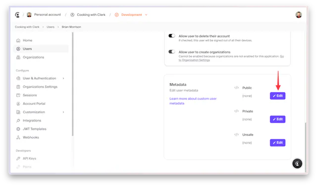 Editing the user's public metadata in the Clerk Dashboard