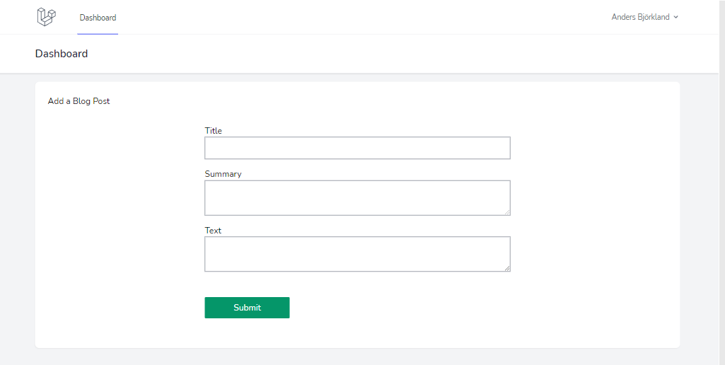 Laravel's Breeze dashboard with a form for creatinga a post.
