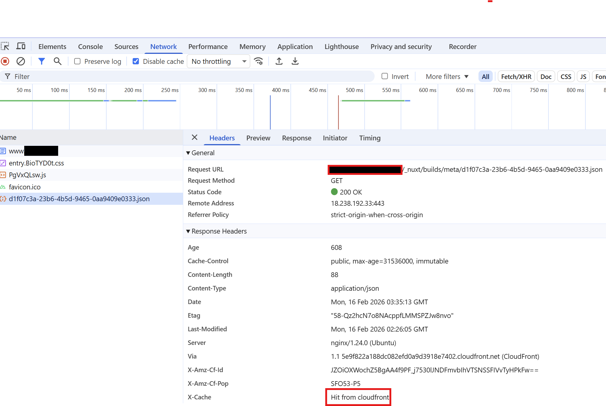 Chrome DevTools Network tab showing CloudFront cache hit headers