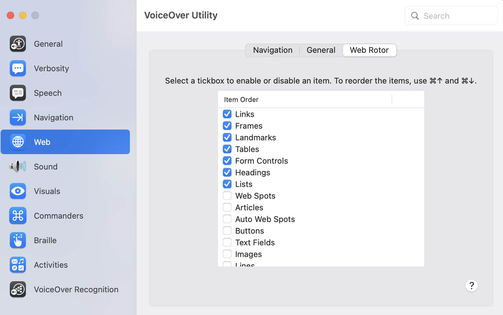 Voice Over settings where the list is one of the selected items in the web rotor.
