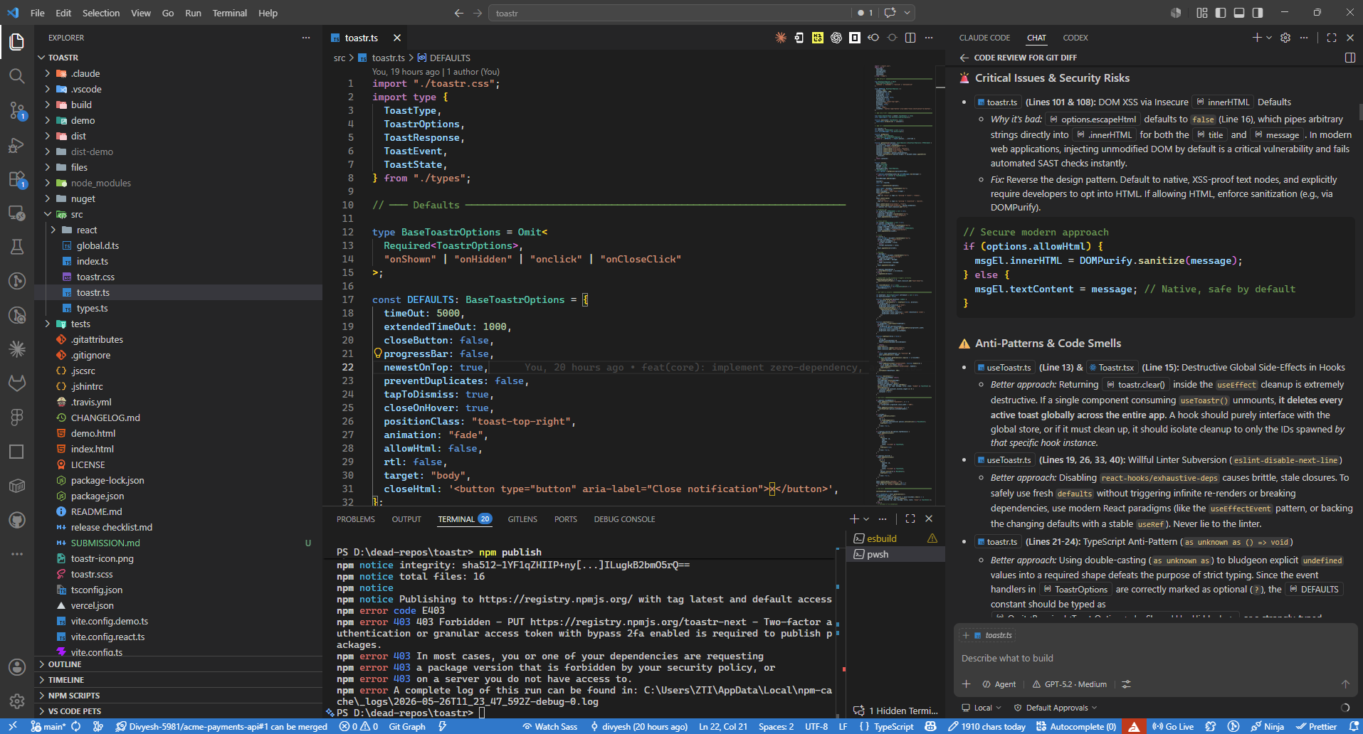 audit for hidden anti-patterns and code smells.