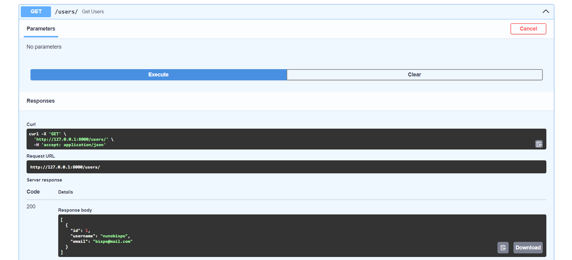GET request to get the list of users