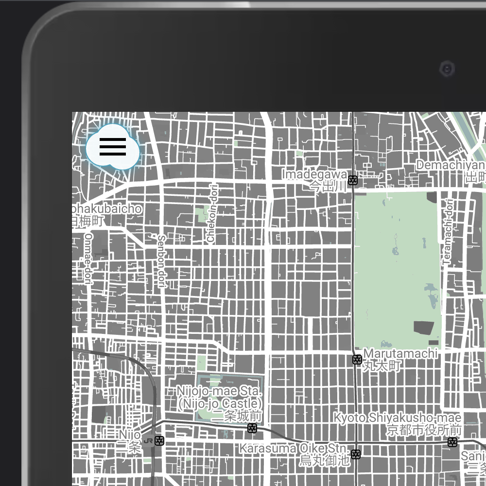 The cloud-shaped button with blue glow around it, rendered over embedded Google Maps at the top-left corner iPad screen